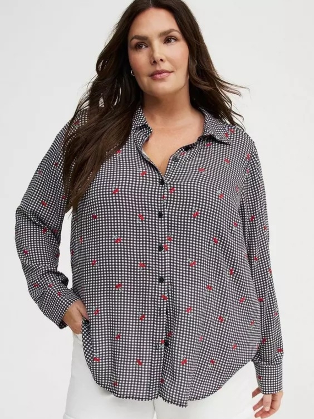 🍒 Torrid Lizzie Embroidered Button-Up Shirt Gingham Cherries
